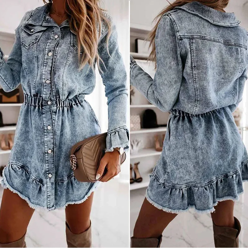 

Autumn Winter 2020 Women's Jean Dress Long Sleeve Vestidos Femme Robe Party Denim A- Line Long Dresses Ropa De Mujer Womenwear