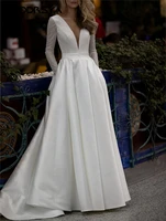 roddrsya sparkle satin wedding dresses for women v neck backless long sleeve bridal gowns with pocket vestido de noiva