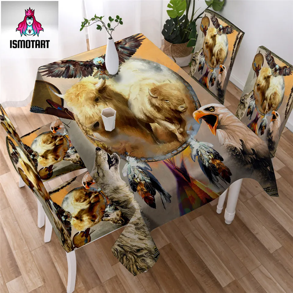 

White Buffelo by Ismot Esha Tablecloth Dreamcatcher Kitchen Table Cloth Eagle Wolf Tribal Table Cover Waterproof Table Linen