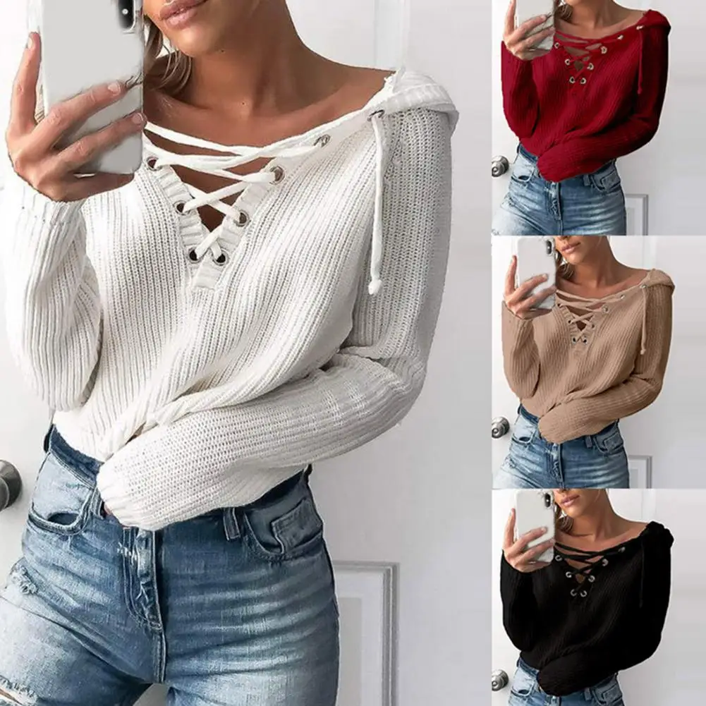 

Women Solid Color Long Sleeve V Neck Front Cross Bandage Pullover Knitwear Tops