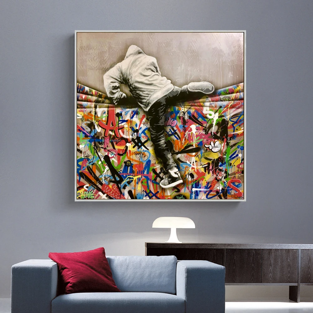 

Street Graffiti Art Canvas Painting on Canvas Posters and Prints Behind the Curtain Wall Art Picture for Living Room Home Decor