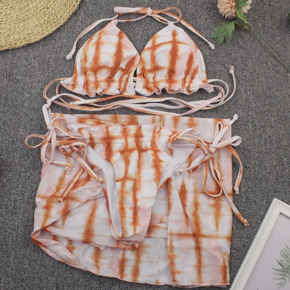 

Sexy 3 Piece Swimsuit Women Tie Dye Push Up Padded Biquini Brazilian Summer Bathing Suit Thong Bikini 2021 Swimwear Women Skirt