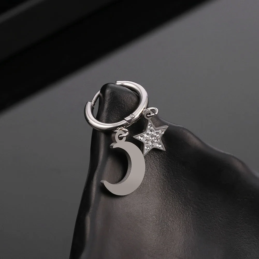 

CZ Star Moon Drops on Hoop Earrings for Women Gold Silvery Stainless Steel Charming Earring Trendy Jewellery Accessory Gift 2020
