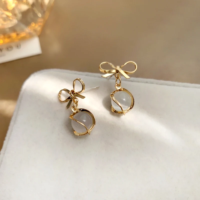 

S925 needle Delicate Jewelry Bow Earrings Pretty Design Sweet Korean Temperament Bead Drop Earrings For Girl Fine Accessories