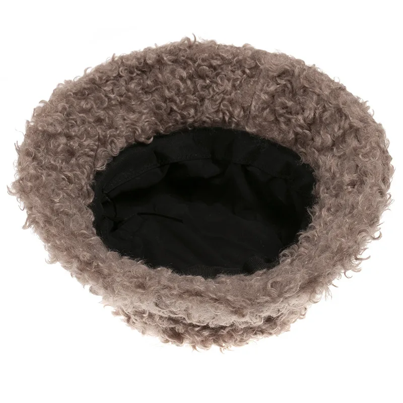 

New Outdoor Warm Lamb Faux Fur Bucket Hat Black Solid Fluffy Fishing Cap Panama Bob Fisherman Women Winter 2020