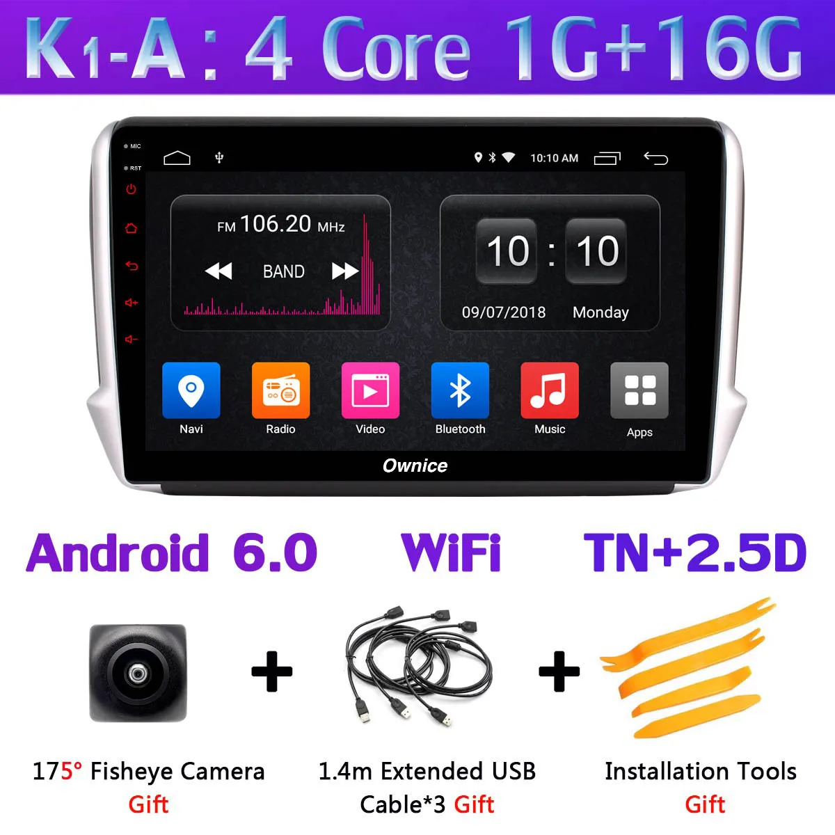 K1-A 1din 360 ° панорамная камера 4G LTE Android 9,0 4G+ 64G DSP CarPlay Автомобильный мультимедийный плеер для peugeot 2008 208- gps радио - Цвет: K1-A