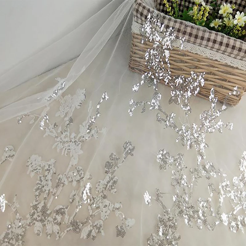 

New sequined plum flower cheongsam exquisite dress embroidery Mesh fabric African Lace Sequin Fabric for Dress Sewing lace MF48