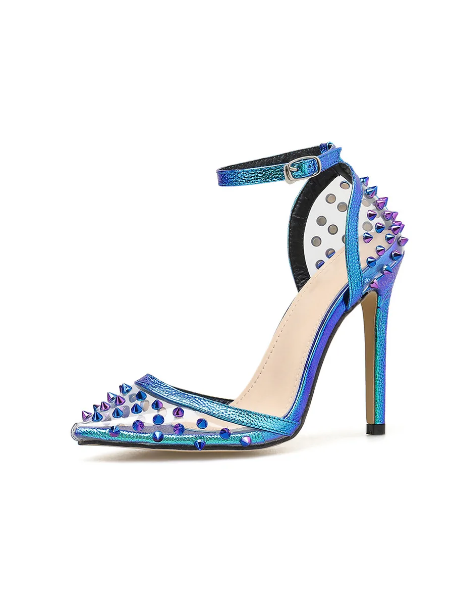 

2020 New Sexy Blue Sandals Ladies Women Sandals Pointed Rivet Stilettos Sharp Point Toe 11.5cm High Heels