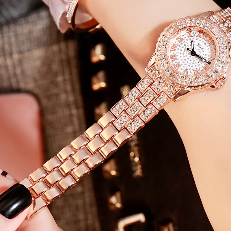 

Luxury Full Diamond Roman Scale Alloy Steel Belt Women's Watch Hot Selling Korean Style Starry Women's Fashion Watch