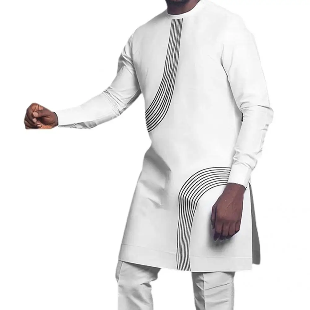 

All-matched Simple Crew Neck Side Split Men Traditional Shirt for Daily Life