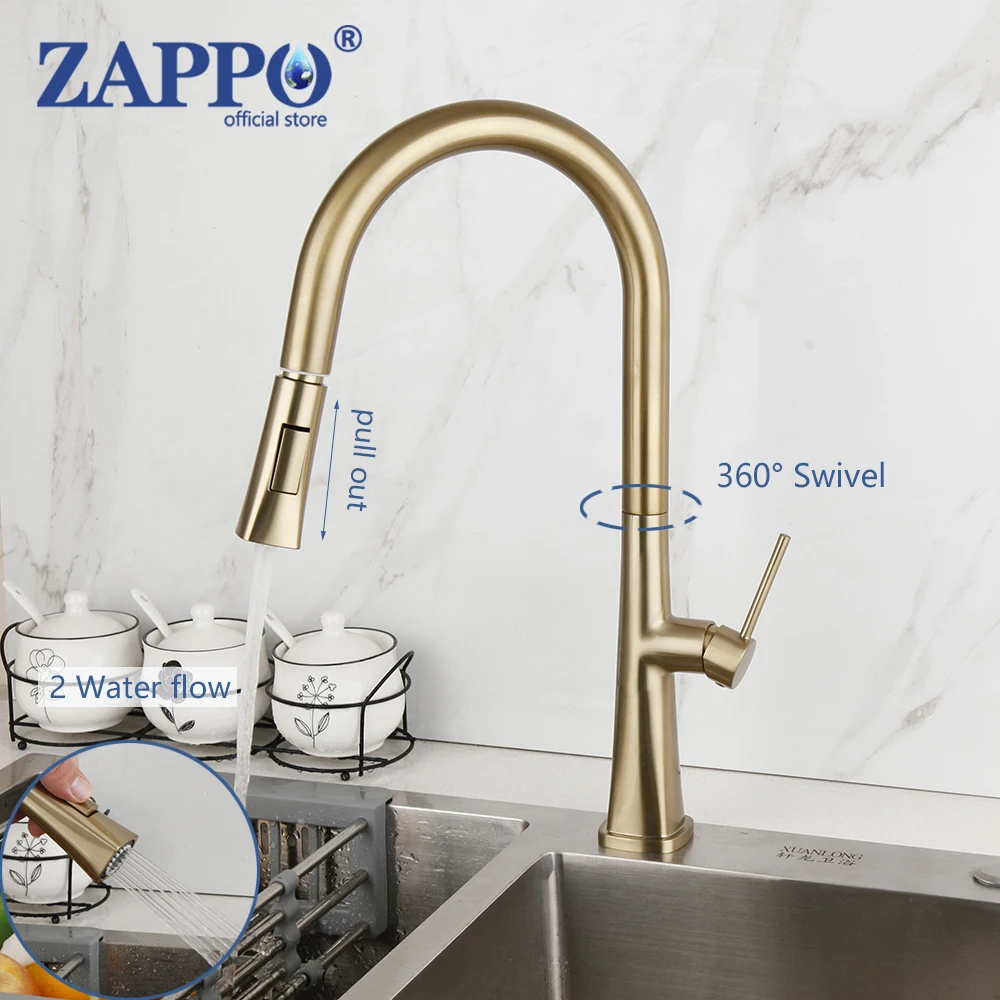 

ZAPPO Kitchen Sink Water Tap Single Handle Mixer Tap 360 Rotation Kitchen Shower Faucet Brushed Gold Kitchen Faucet Pull Out