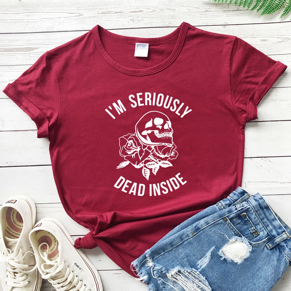 burgundy-white text Футболка с принтом «I'M Dead Inside Skull»; Летняя Повседневная футболка с короткими рукавами и принтом в виде черепа; стильная футболка в стиле Харадзюку С гранж; модные топы; Camisetas - Цвет: burgundy-white text