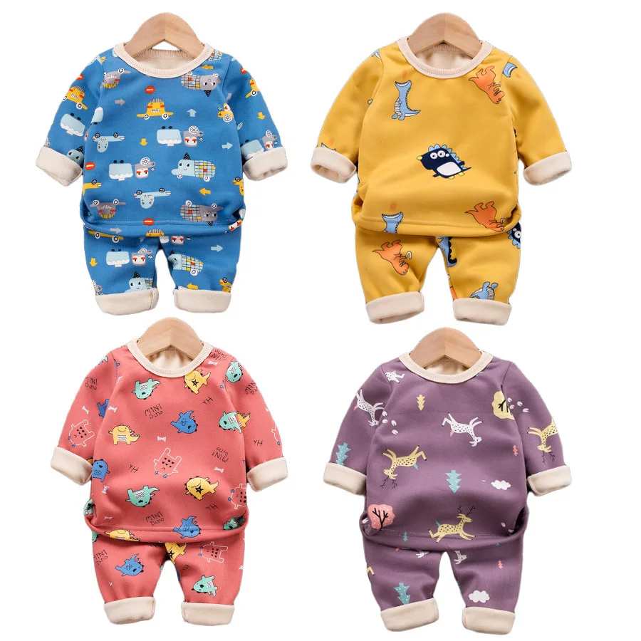 

New 2020 Kids Boys Thicken Pajama Sets Cartoon O-Neck T-Shirt Tops with Pants Baby Girls Autumn Winter Warm Sleeping Clothes