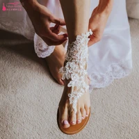 summer women wedding lace flower wrist open toe flats beach sandals roman flip flop sandalias mujer dqg1247