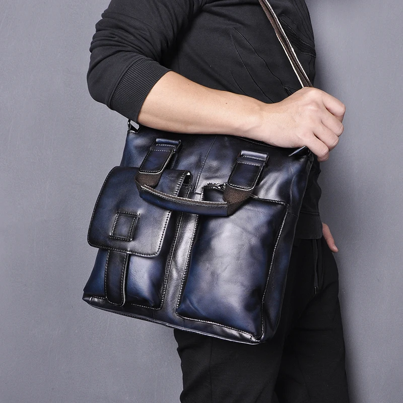 Men Original Leather Antique Design Blue Business Briefcase Maletin Laptop Case Attache Portfolio Bag Tote Messenger Bag B259