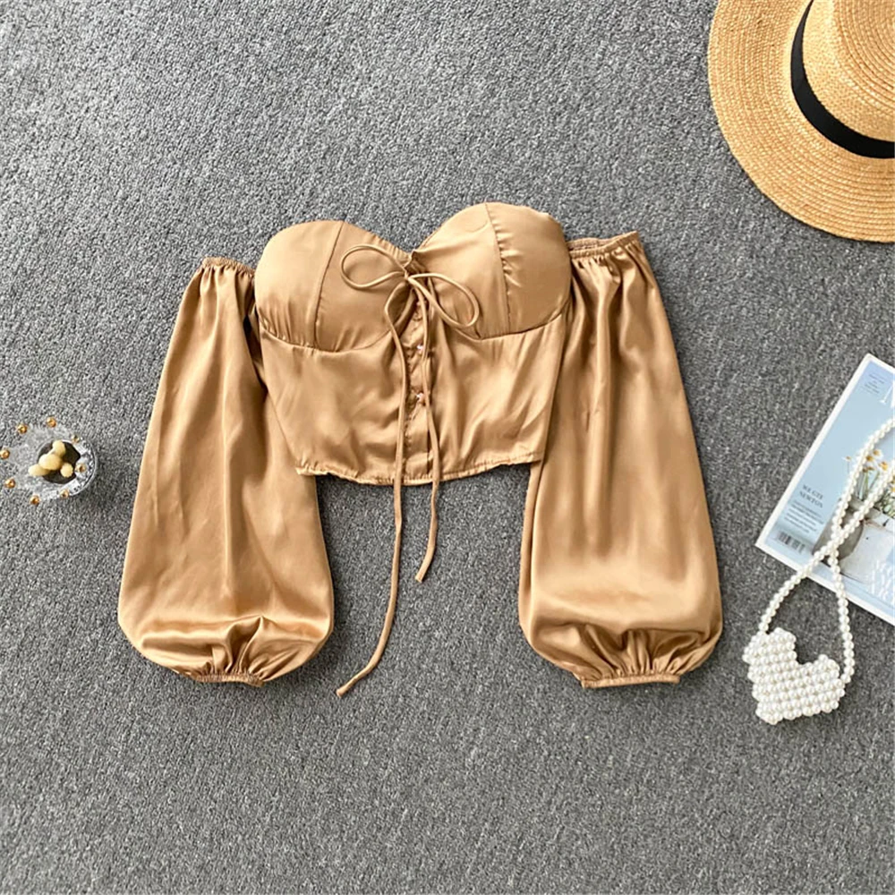 

Women Satin Blouses Sexy Tube Crop Top Puff Sleeve Red Shirts Summer Fashion Female Shirt Woman Tops Autumn Femme Clothing 2021