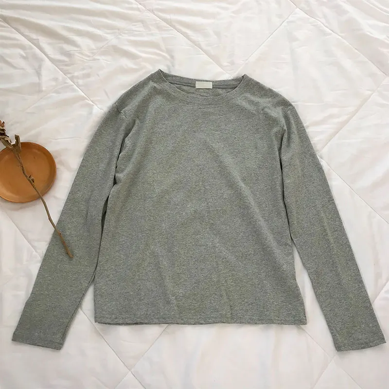 Flecking gray 22 Однотонная футболка с длинным рукавом Женская Kpop шикарная свободная хлопковая Футболка с круглым вырезом черная Harajuku Kawaii простая Базовая футболка Femme - Цвет: Flecking gray