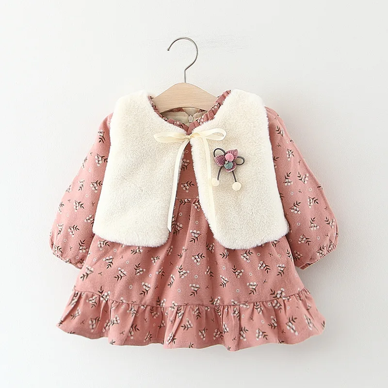 Бархатное платье с жилетом и цветочным рисунком для девочек детская одежда