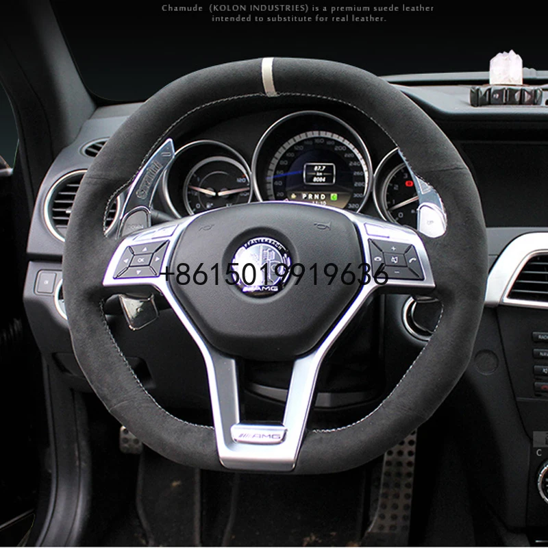 

For Benz C63 AMG CLA45 CLS63 amg ML63 GLE63 Hand-stitched Anti-Slip Black Suede DIY Steering Wheel Cover