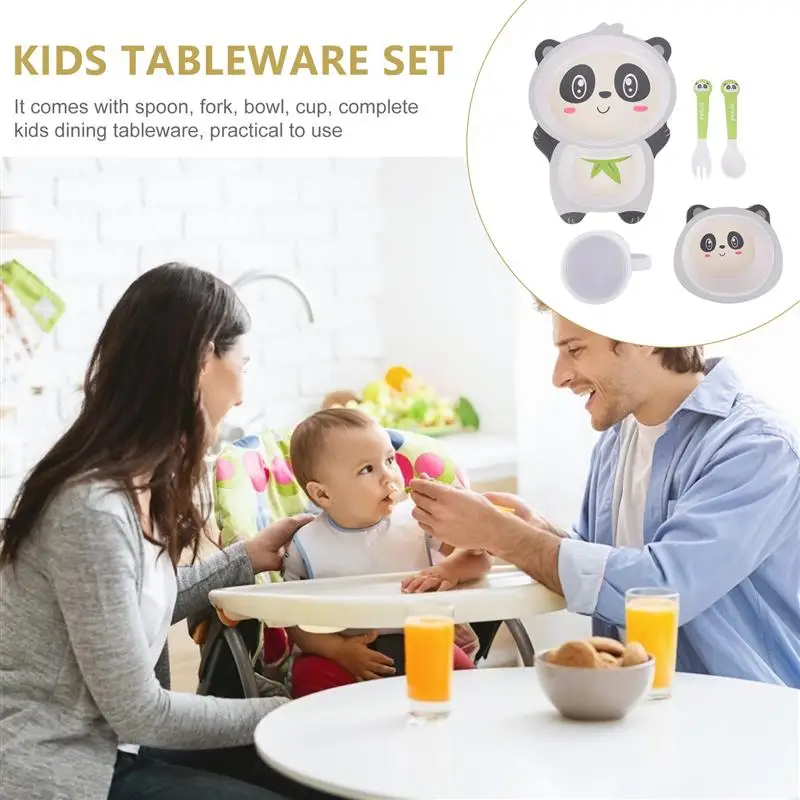 

5pcs Kids Tableware Bamboo Fiber Child Board Food Plate Bowl Cup Spoon Fork Set