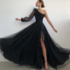 Модное Вечернее платье-трапеция на одно плечо 2021, женское платье с длинным рукавом, платье с высоким разрезом сбоку для вечеринки