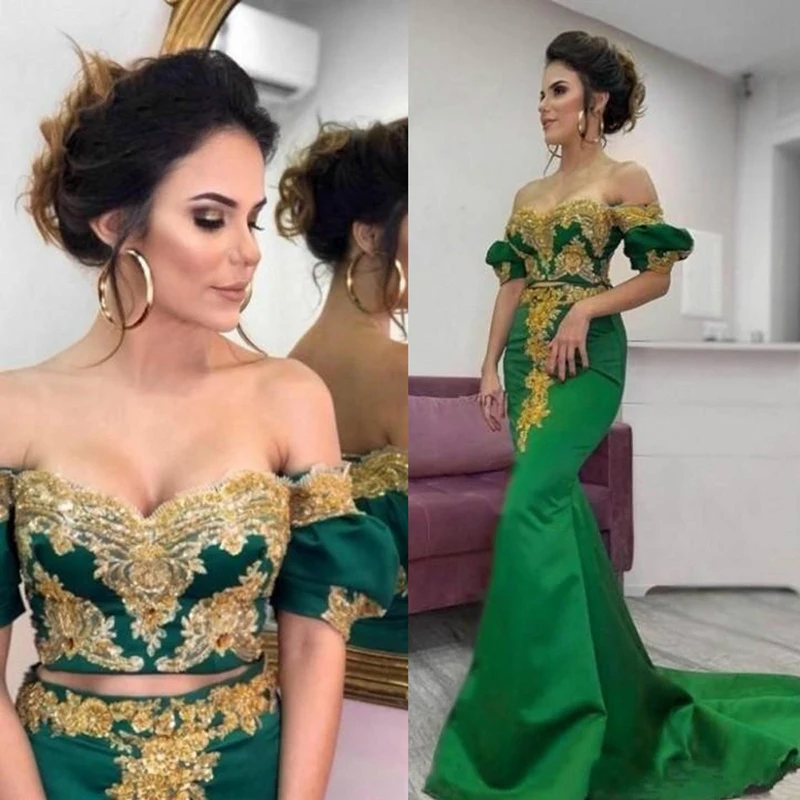 Emerald Green Evening Dresses 2020 Off the Shoulder Appliques Gold Lace Mermaid Prom Dress Long Muslim Arabic Party Gowns