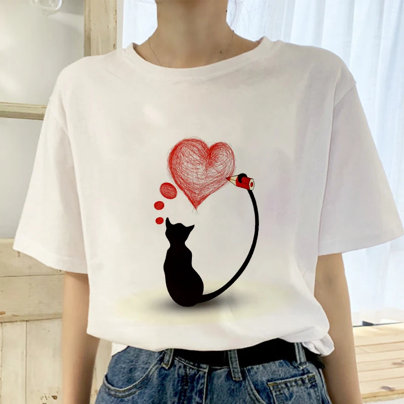 Новинка 2019 летняя футболка женская с принтом Love cat топы одежда модная крутая