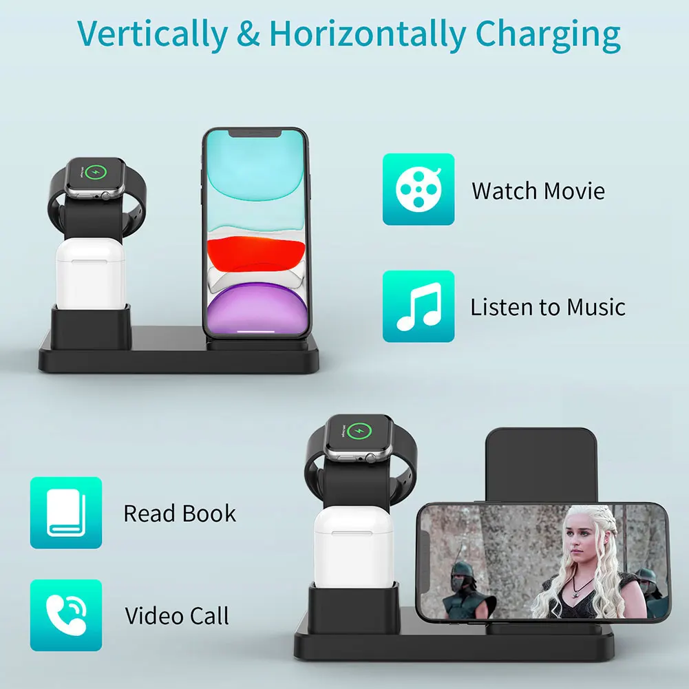 

Wireless Charging Holder Fast Charging Station 3 in 1 Charging Dock Station Q12 watch Charger Stand Phone Watch Headset Black