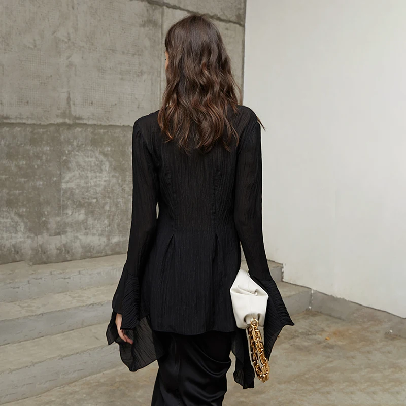 

SISPELL Patchwork Flared Sleeve Women's Blouse Shirt V Neck Hollow Out High Waist For Female Sexy Shirt 2020 Fashion Autumn Tide