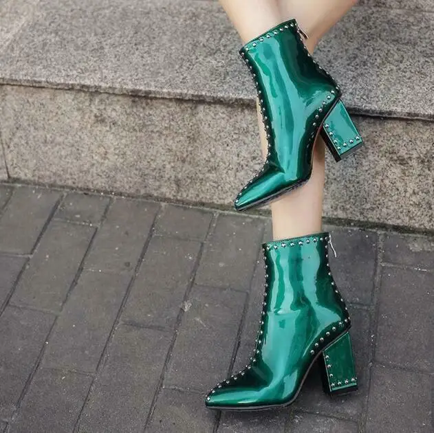 

Womens Punk Rivet Sexy Ridding Boots Block High Heel Patent Leather Ankle Shoes