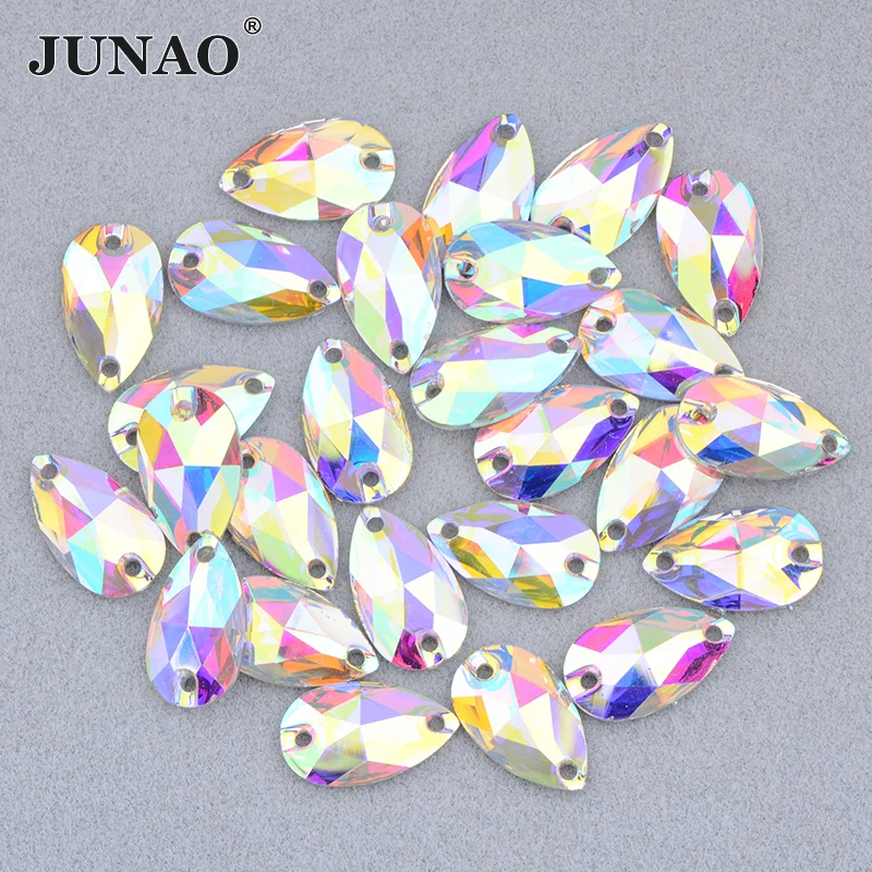 

JUNAO 10x18mm 100Pcs Sew On Pink AB Drop Crystal Rhinestone Teardrop Strass Gems Sewing Resin Stone Applique Wedding Decoration