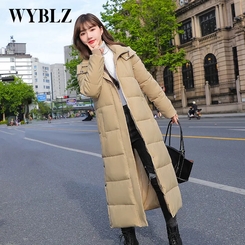 WYBLZ 2021 Women Thicken Parka Jacket Fashion Elegant Long Cotton Jacket Coat Korean Solid Color Slim Winter Clothing for Lady