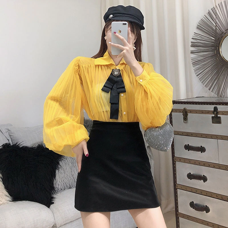 Новинка 2020 женская шифоновая Свободная рубашка с длинными рукавами фонариками