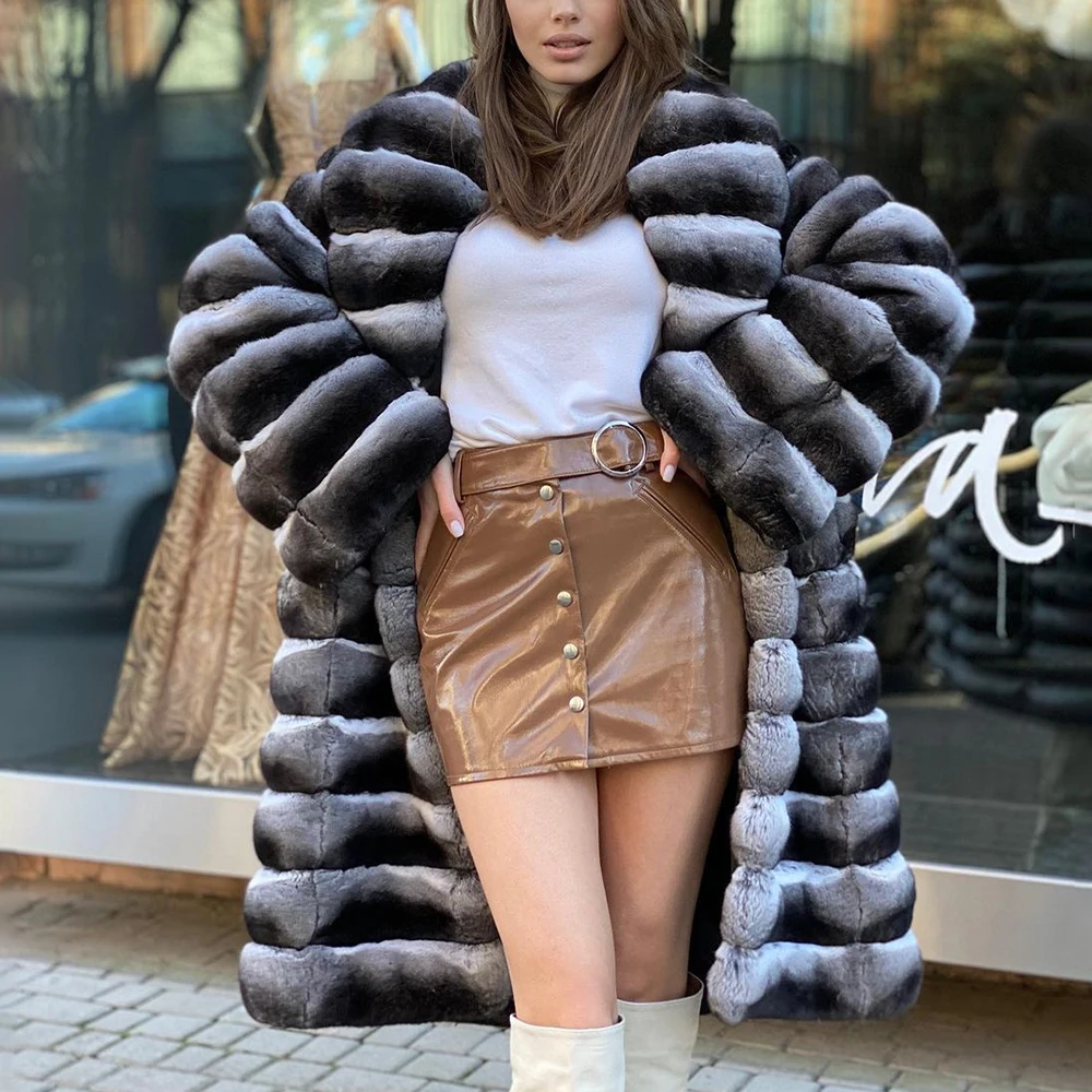 100cm Real Rex Rabbit Fur Coats with Big Lapel Collar 2022 Winter New Woman Natural Rex Rabbit Fur Coat Outwear Chinchilla Color