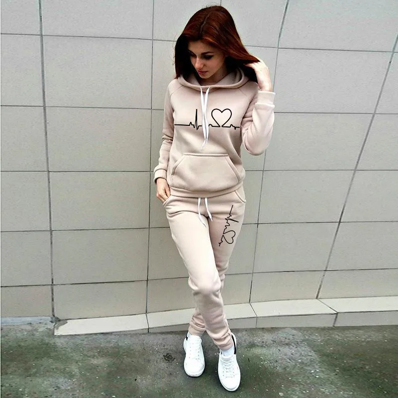 

2021 Winter Spring Hoodies Suit Solid Casual Tracksuit Women Vintage 2 Pieces Set Sports Sweatshirts Pullover Sweatpants Outfits