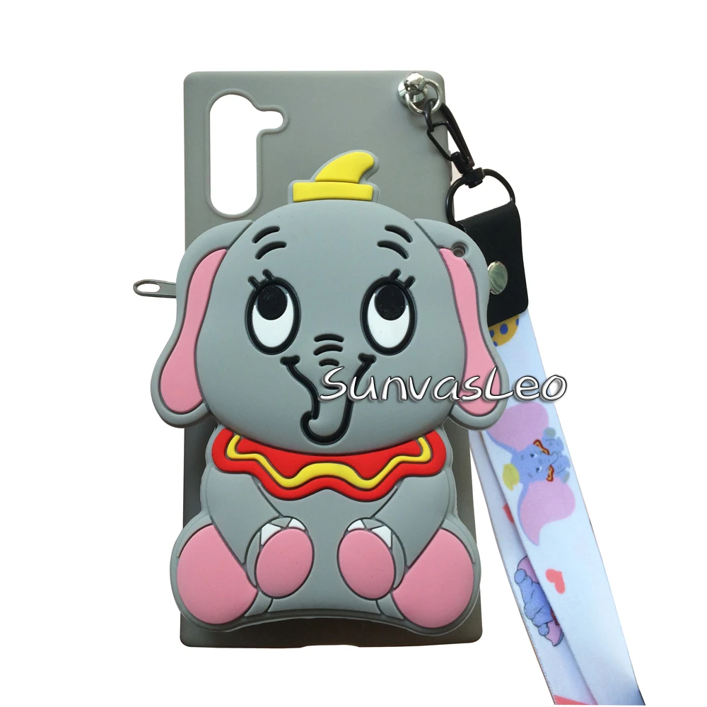 Gray Elephant 3D кошелек для samsung Galaxy Note 10/Note 10 Plus, мягкий силиконовый чехол с изображением животных из мультфильма, чехол-кошелек, чехол для телефона с цепочкой и кабелем - Цвет: Gray Elephant