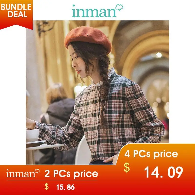 INMAN, осень, Новое поступление, кружевная, стоячий воротник, повседневная, длинный рукав, Ретро стиль, тонкая, клетчатая, Литературная, женская блузка