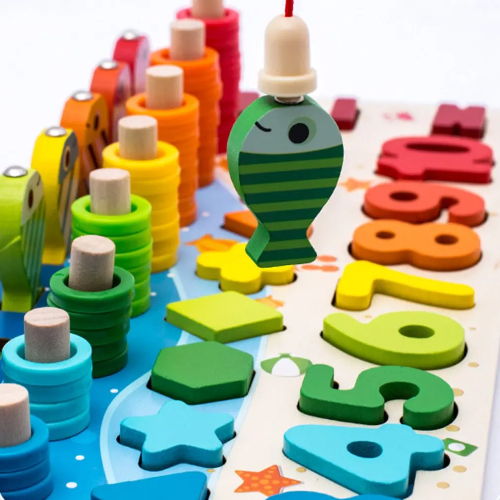 

Montessori Educational Wooden Toys Children Busy Board Math Fishing Children's Wooden Preschool Montessori Toy Counting Geometry
