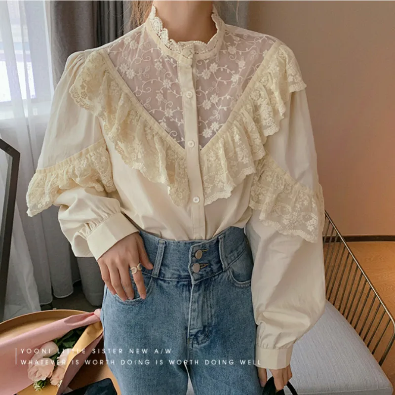 

Элегантная женская рубашка, Осенние Ажурные кружевные рубашки, женские сексуальные блузки с оборками, женские кружевные топы