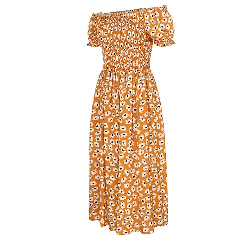 

FORERUN Summer Off Shoulder Dresses Boho Women Floral Printed Long Dress Short Puff Sleeve Side Split Robe Femme 2021