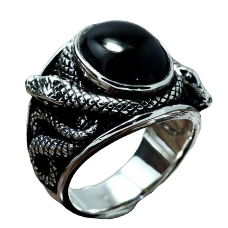 

Punk Black Gem Stone Ring for Men Vintage Jewelry Ancient Silver Color Cross Snake Carved Metal Oval Zircon Finger Ring Gift