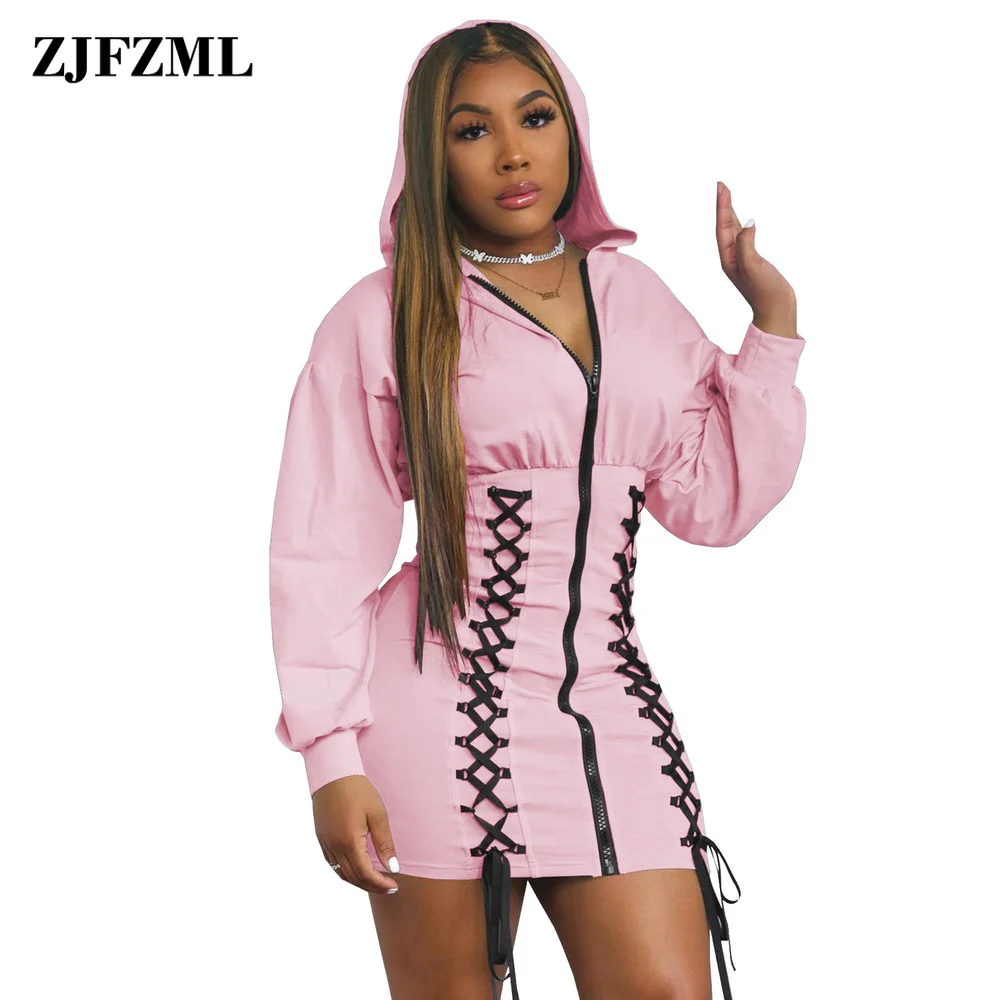 

Lace Up Drawstring Hipster Bodycon Mini Dress Women Hooded Full Sleeve Pacakge Hip Dresses Harajuku Blue Zipper Up Sheath Robe