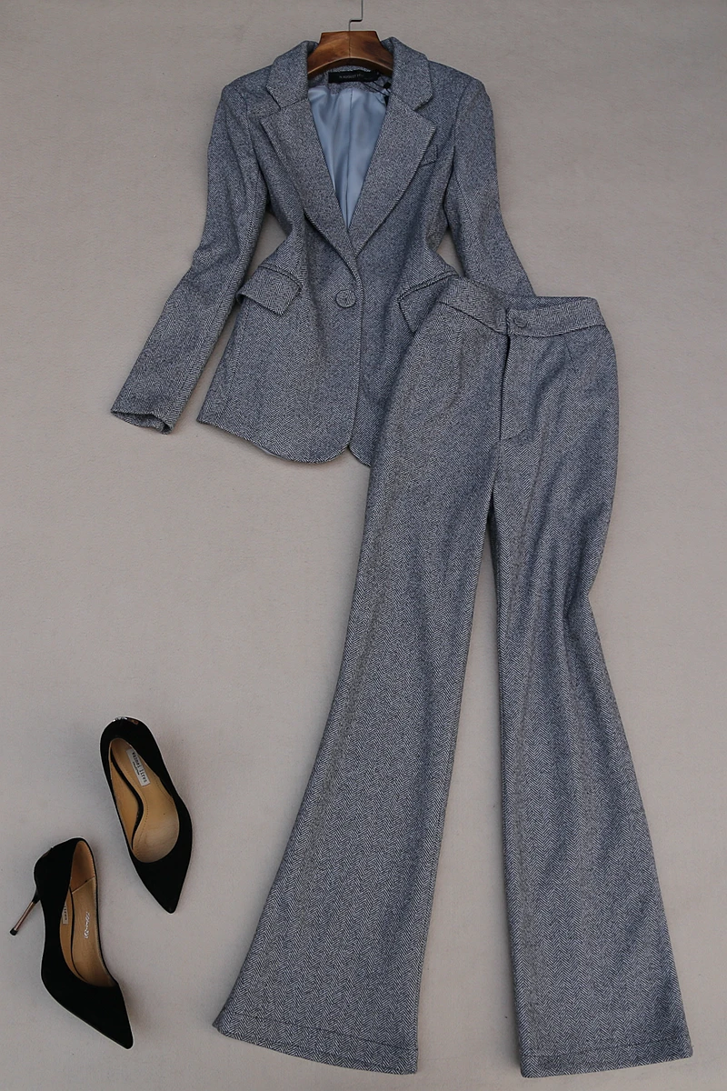 Женский офисный костюм новый модный Элегантный Приталенный шерстяной брюки-клеш