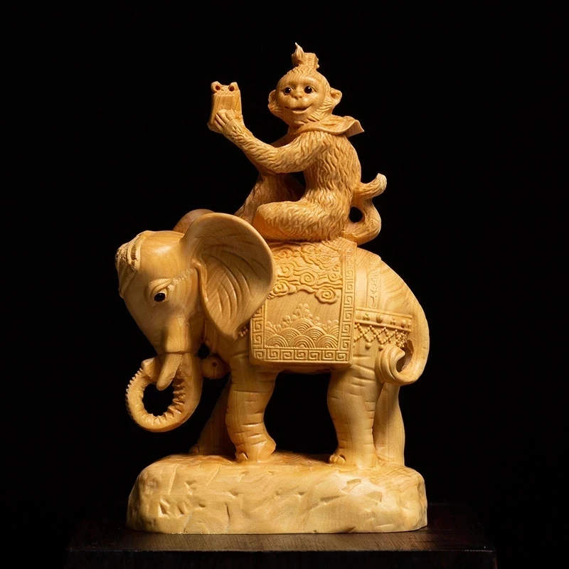 

Monkey Riding Elephant Animal Chinese Sculpture Lucky Feng Shui Solid Boxwood Home Decoration Wood Carving Crafts Re