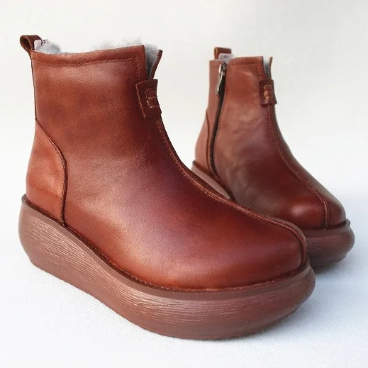 Brown Careaymade/обувь на среднем каблуке из натуральной кожи и шерсти оригинальная теплая женская обувь из овечьей кожи на толстой подошве с мехом - Цвет: Brown