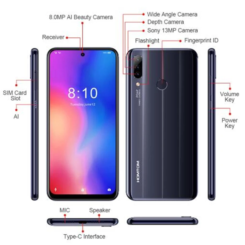 HOMTOM P30 pro 6,41 дюймов Android 9,0 мобильный телефон MT6763 Восьмиядерный 4 Гб 64 Гб задняя 13 МП Тройная камера смартфон