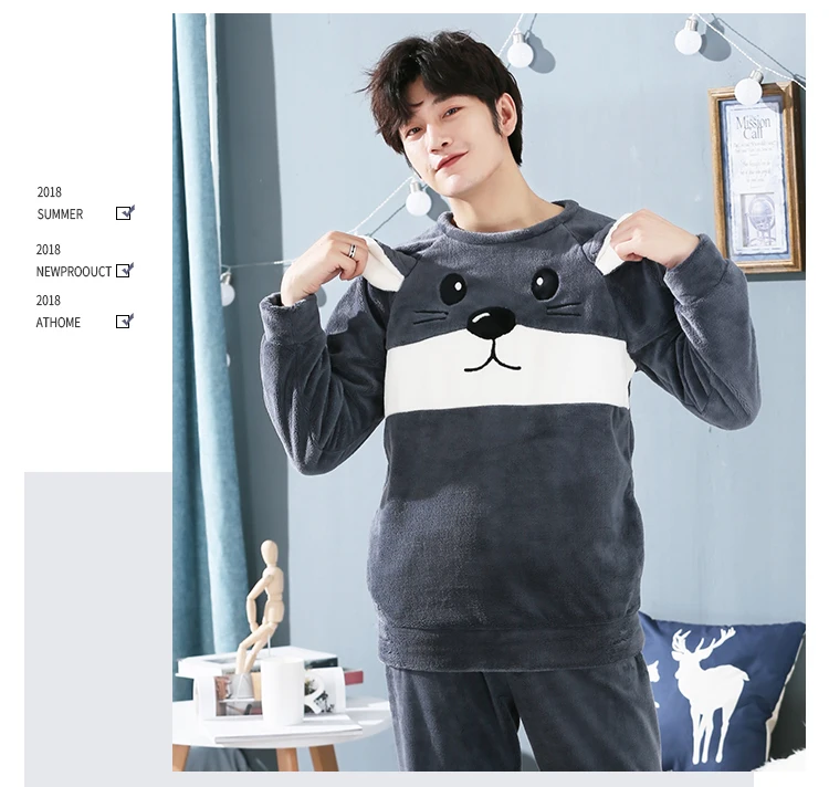 Ночной костюм размера плюс 3XL 4XL 5XL фланелевый пижамный комплект для мужчин s осень зима толстый пижамный комплект с круглым вырезом Мультяшные коралловые флисовые пижамы для мужчин
