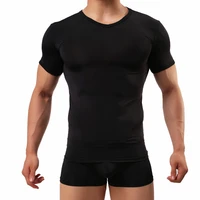 man solid undershirt ice silk sheer t shirts male nylon o neck short sleeves tops ultra thin cool thermal sleepwear undershirt