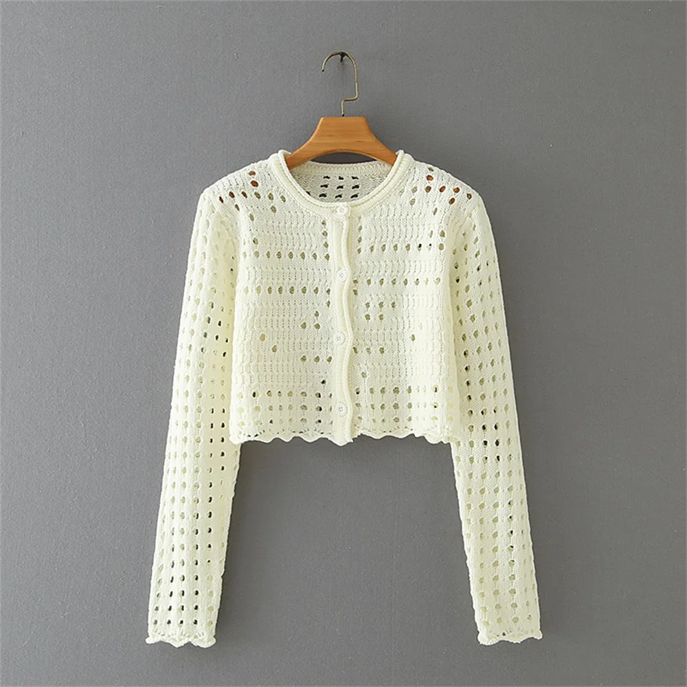 

2021 autumn women new slim slimming round neck long sleeve hollow mesh crochet retro short cardigan sweater