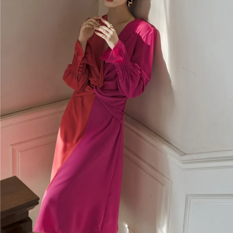 

XUXI V-neck Spring Dress, Blue-green, Block Color Design, Retro, Camping Sleeve, Temperament, New Spring Autumn 2021 E224